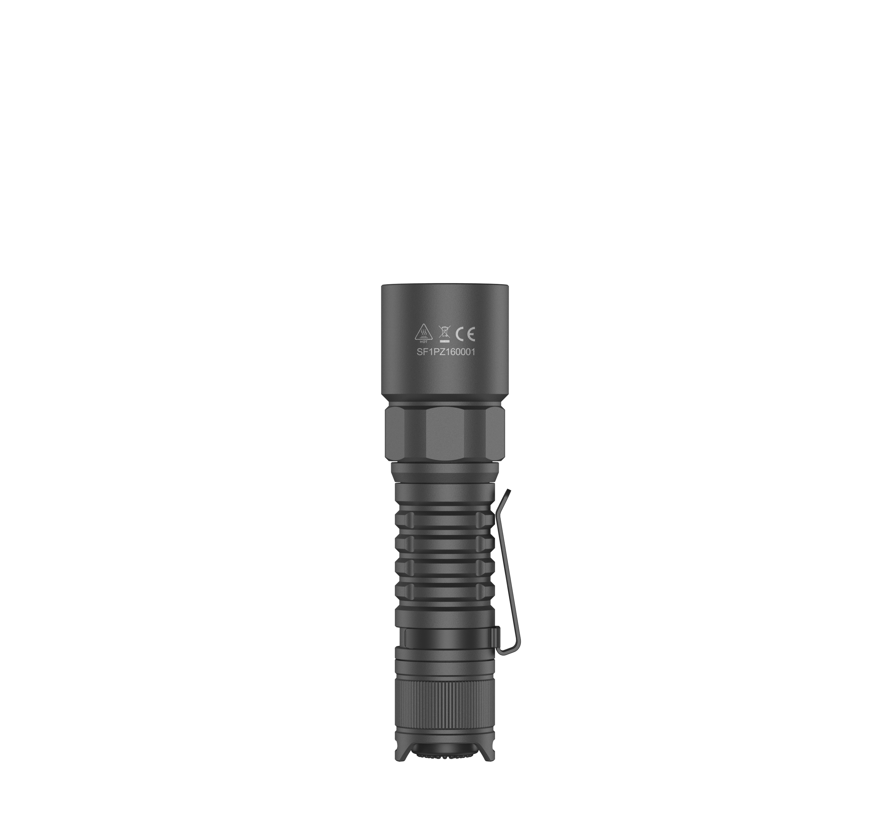 Vertical profile of the SPERAS PZ16 2400 lumen EDC flashlight, highlighting the aerospace aluminum body and deep-carry tactical clip.