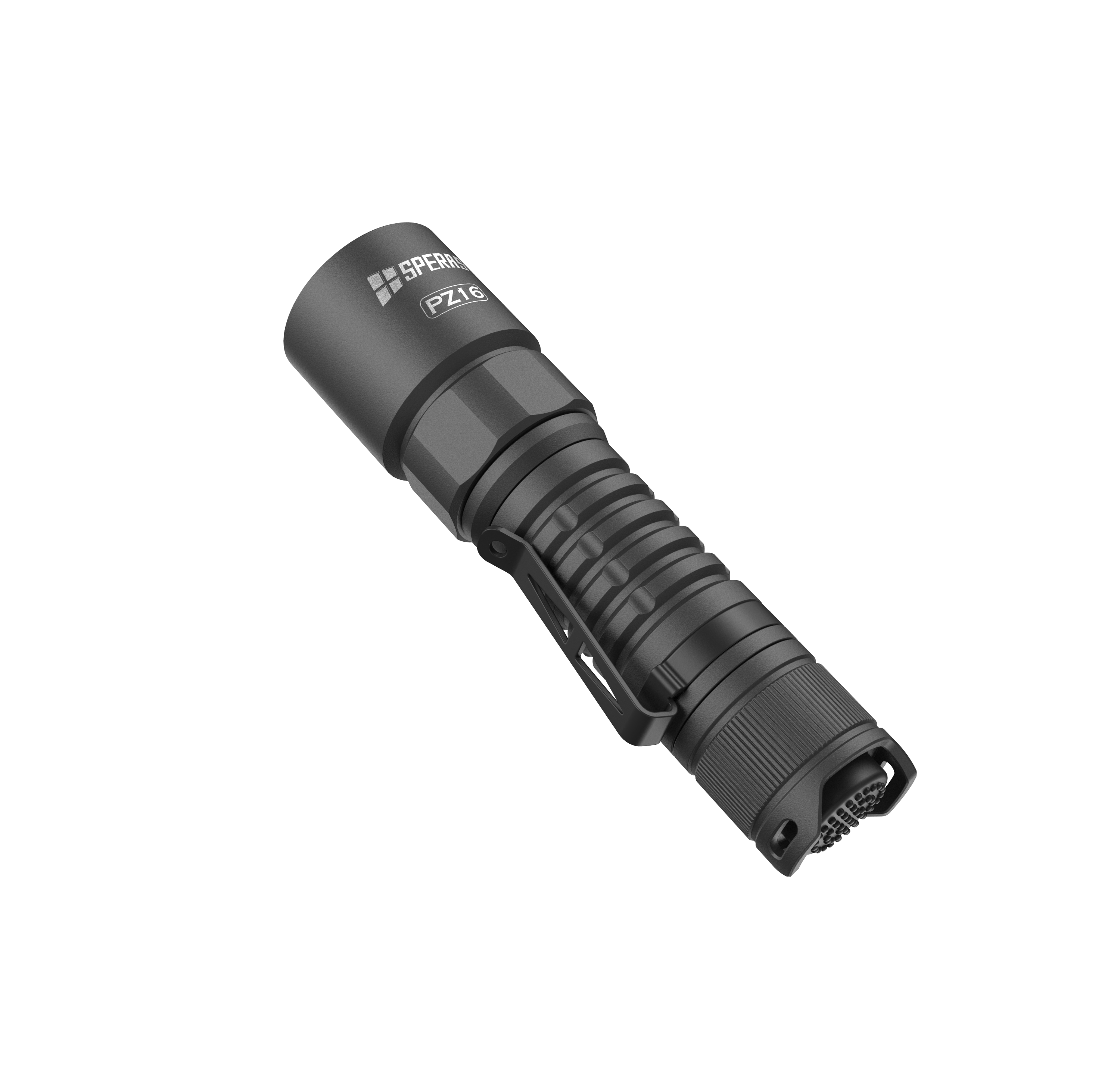 Side profile of the SPERAS PZ16 long range hunting flashlight, designed for extreme outdoor durability and 18650 battery compatibility.