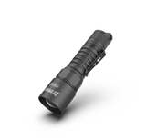 Front angled view of the SPERAS PZ16 zoomable tactical hunting flashlight, showing the precision convex lens and heavy-duty pocket clip.