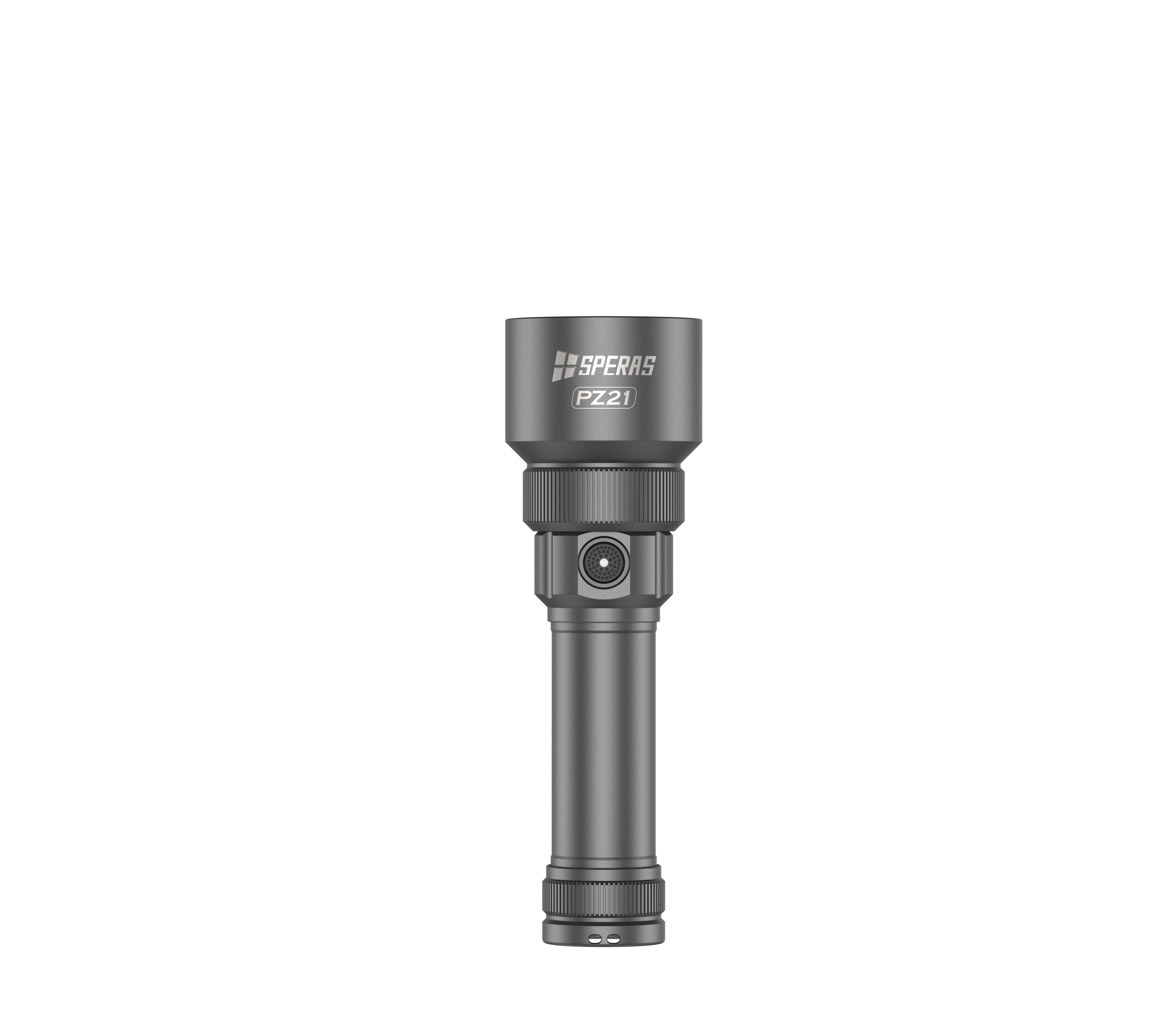 SPERAS PZ21 powerful tactical zoom flashlight in fully extended spotlight mode side profile.
