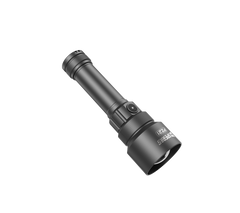 SPERAS PZ21 tactical flashlight rear-diagonal view highlighting tail cap switch details.