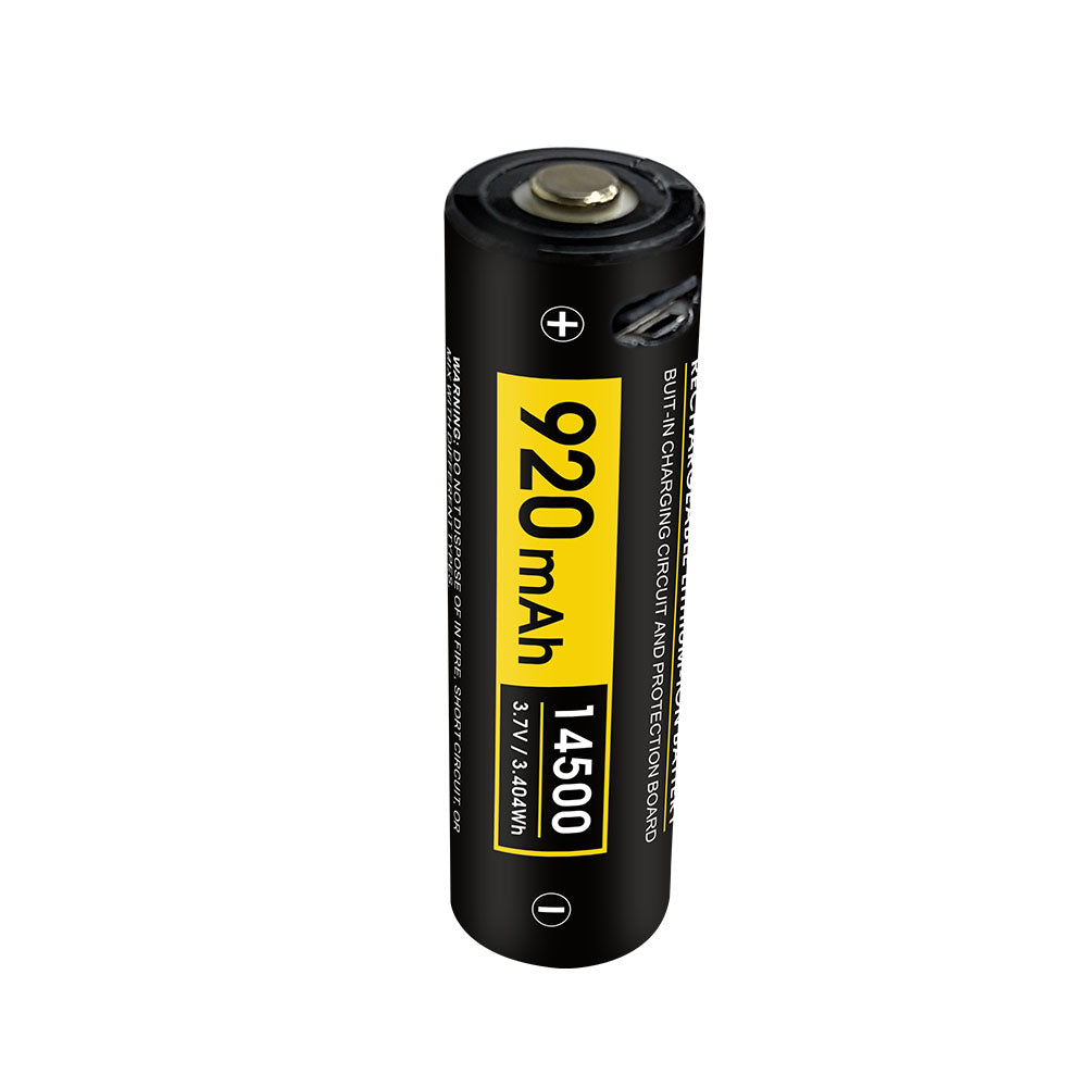 Upright view of SPERAS RC14 14500 battery highlighting the 920mAh capacity