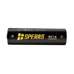 Side profile of the SPERAS RC14 14500 replacement battery featuring the SPERAS logo