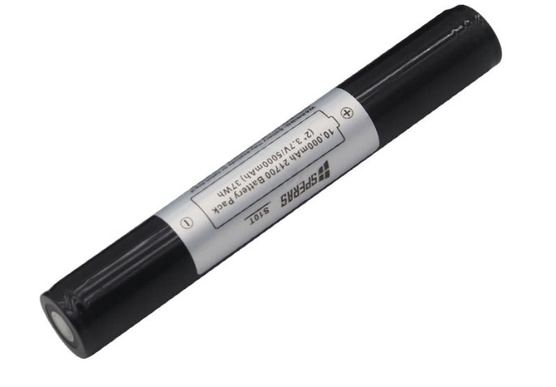 Unpackaged SPERAS S10T black cylindrical battery pack showing product name and safety logos