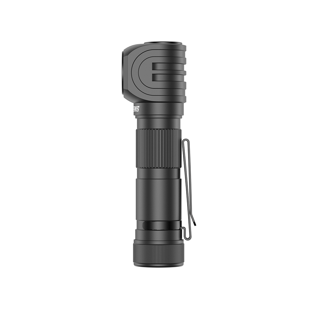 Side profile of SPERAS SH18 L-shaped tactical torch with heavy-duty pocket clip