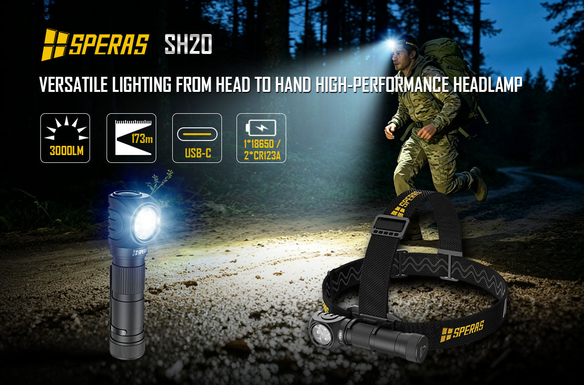SPERAS SH20 3000-lumen rechargeable LED headlamp and right angle work light profile