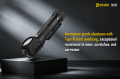 SPERAS SH20 right-angle flashlight constructed from aerospace-grade aluminum with Type III hard anodizing, providing exceptional resistance to wear, scratches, and corrosion.