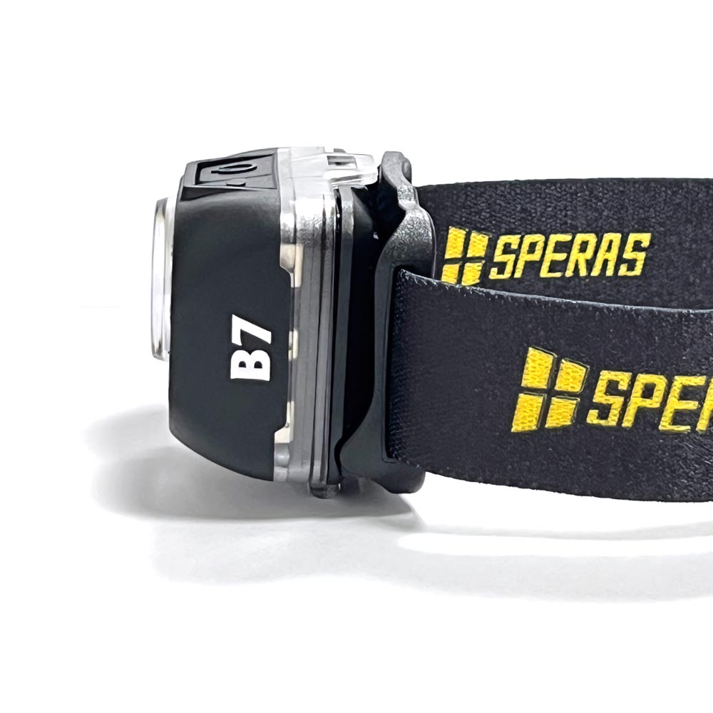 Side profile view of SPERAS B7 hybrid power headlamp showcasing compact lightweight housing design