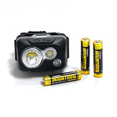 SPERAS B7 hybrid backup headlamp displayed with 3 standard AAA batteries for off-grid emergency survival