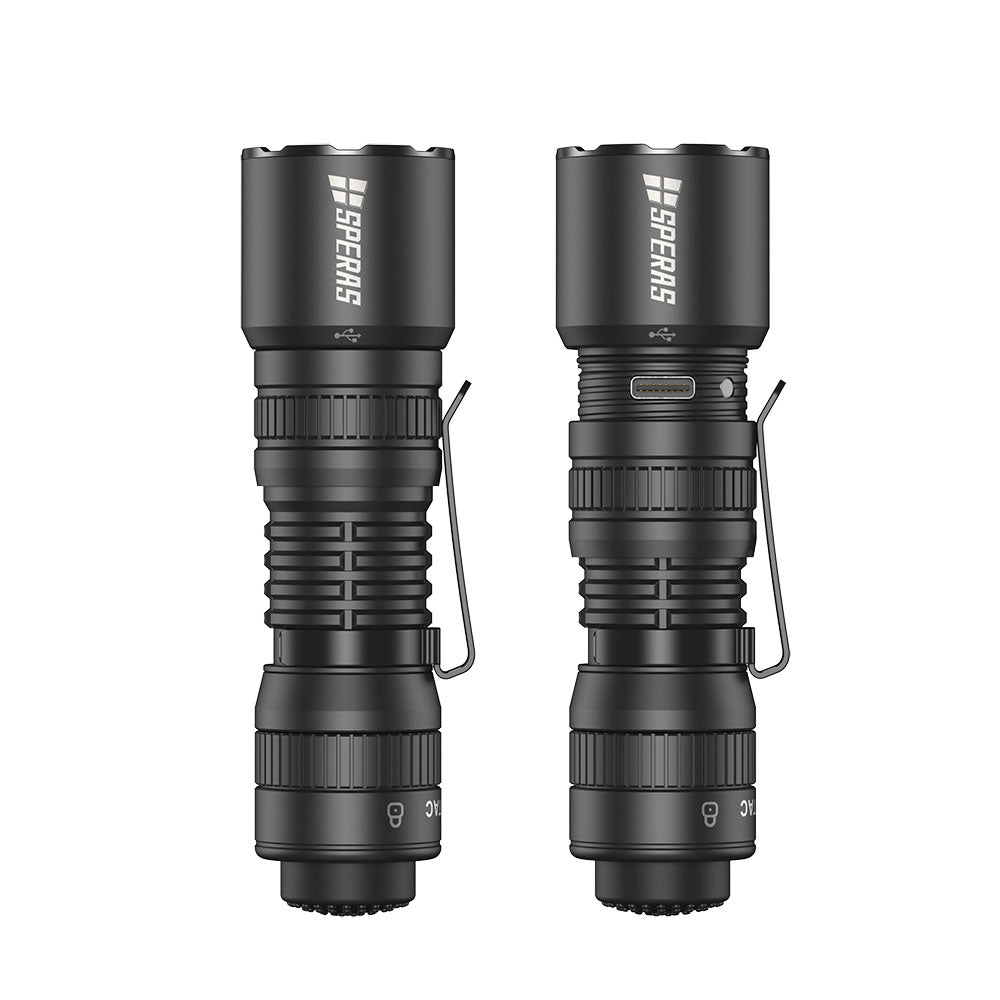 Front and back profile of the SPERAS EST16 18350 pocket flashlight