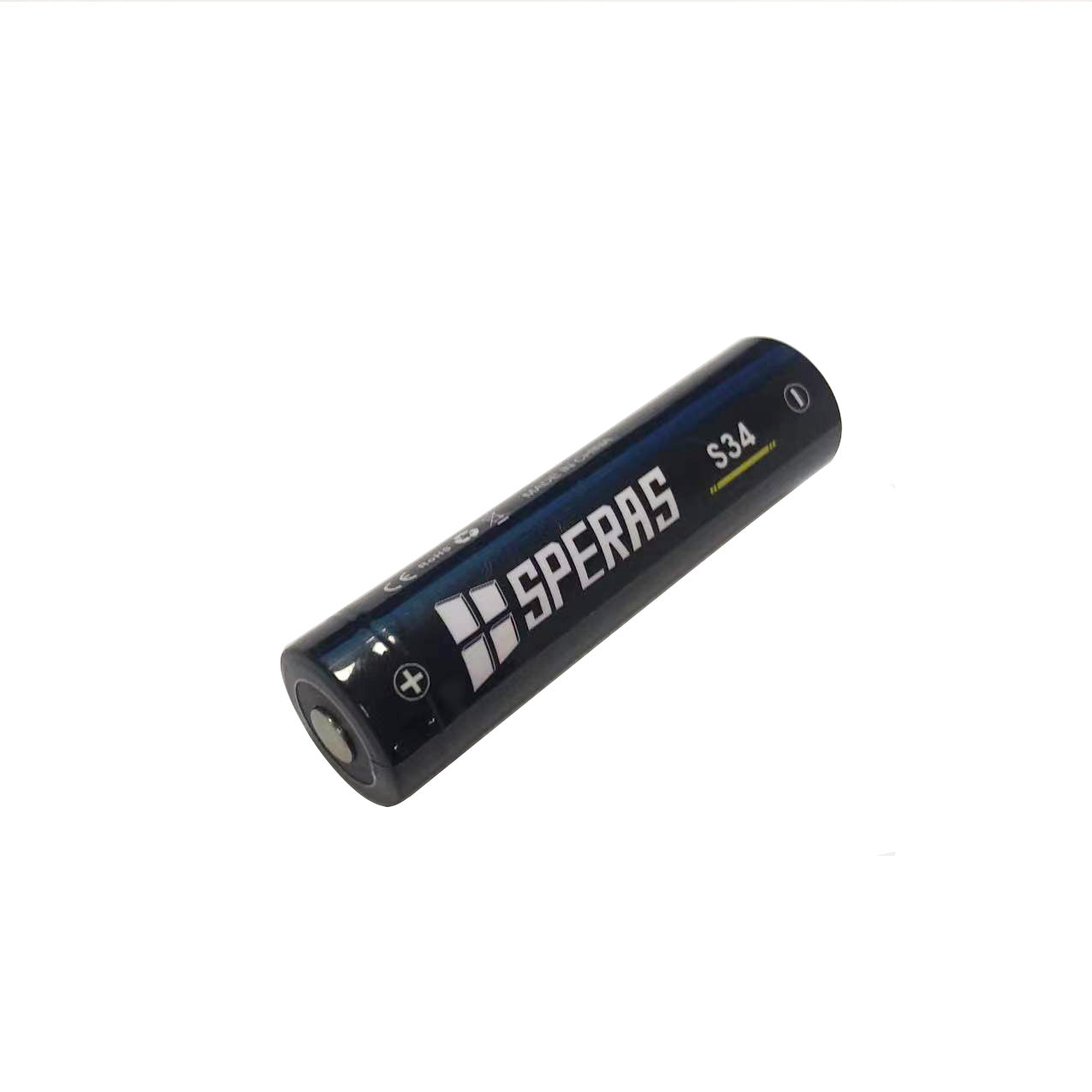 Side view of the SPERAS S34 18650 battery highlighting brand and model