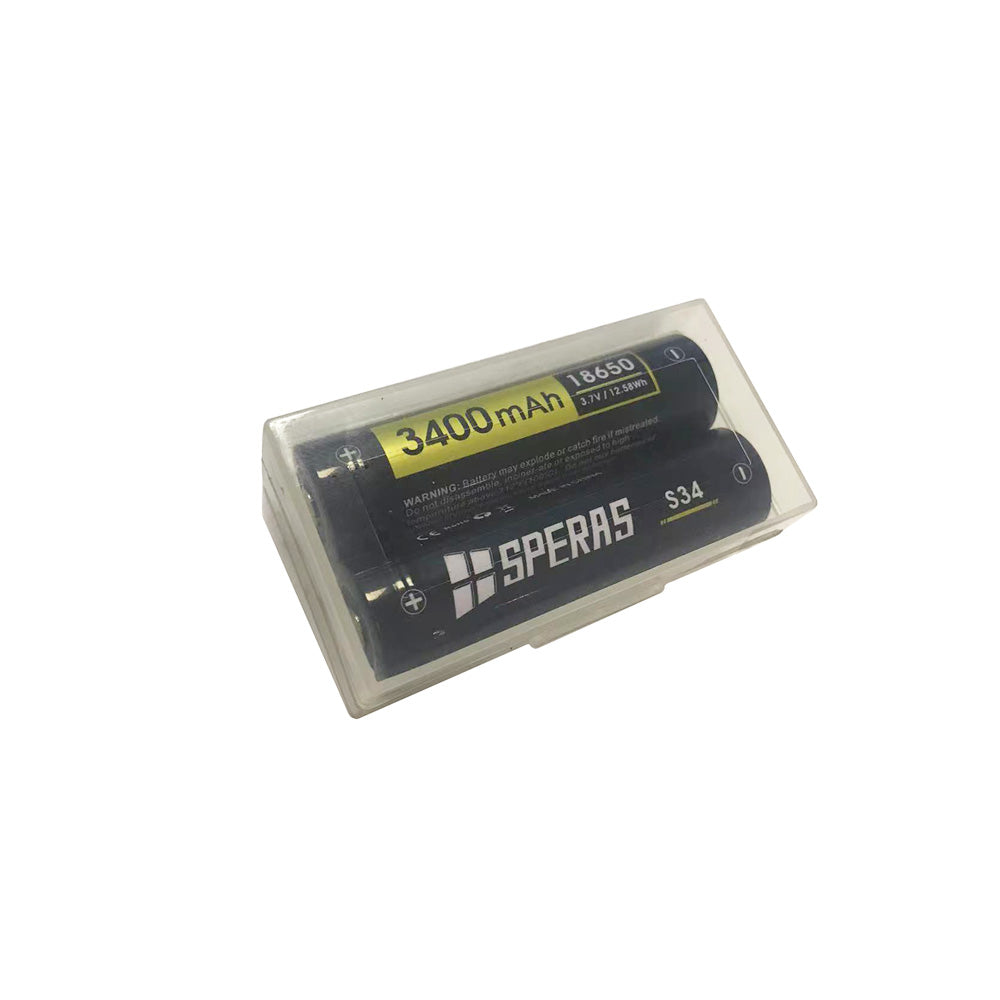 Two SPERAS 18650 batteries securely packed in a clear dual storage case