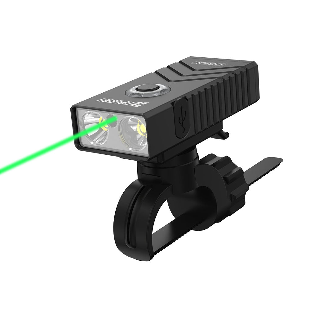 Black SPERAS U3-GL 700lm cycling light with tool-free bike mount and green laser pointer