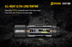 SPERAS EST16 powered by included 18350 rechargeable battery for 43 hours ultra-long runtime