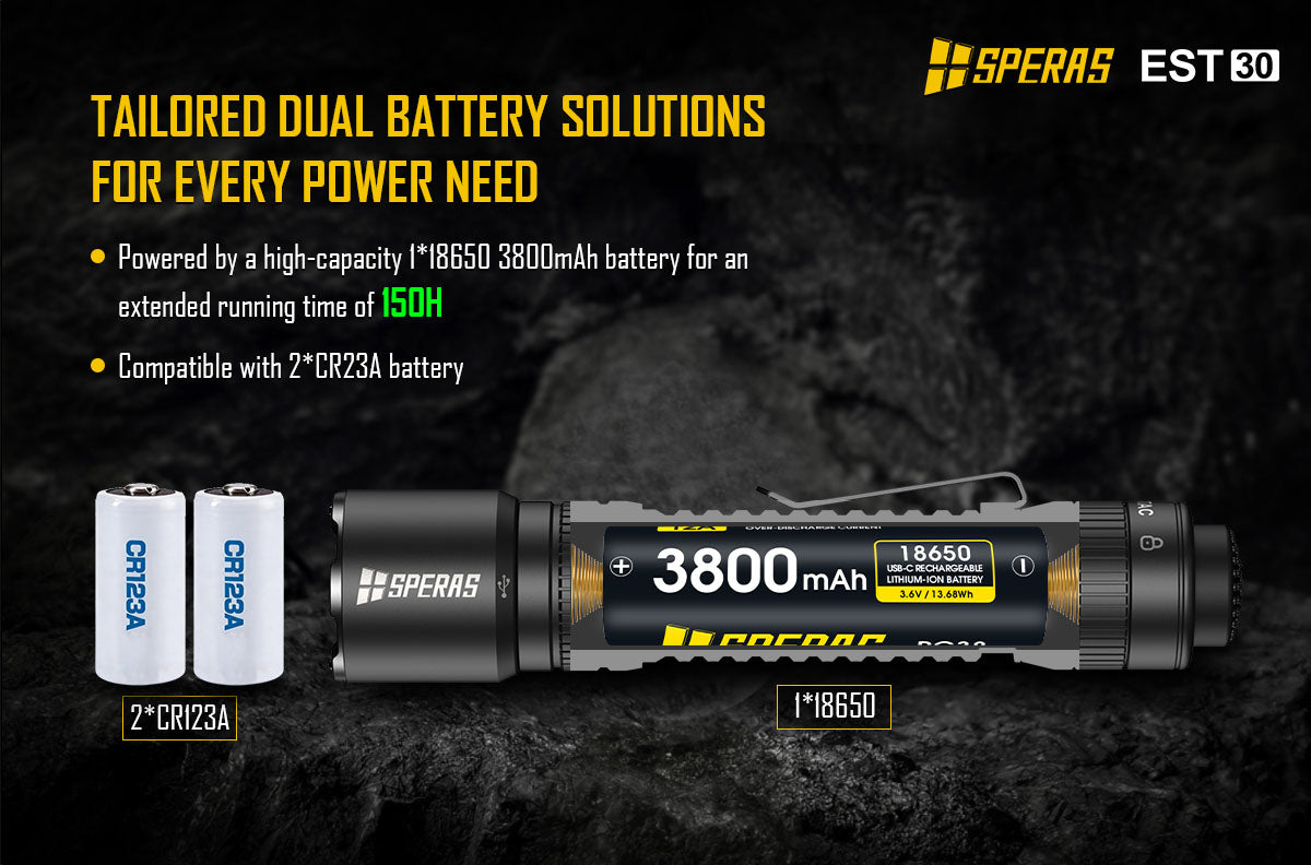 SPERAS EST30 dual battery solution compatible with 18650 and CR123A batteries for tactical flashlights