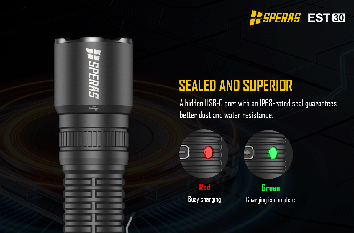 Hidden USB-C charging port with IP68 waterproof seal on SPERAS EST30 tactical torch