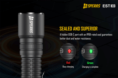 Hidden USB-C charging port with IP68 waterproof seal on SPERAS EST30 tactical torch