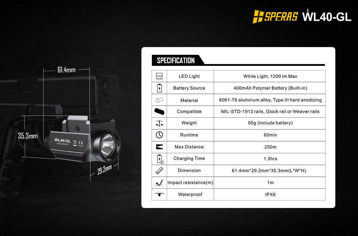 Technical specifications chart and compact dimensions data sheet for SPERAS WL40-GL weapon light