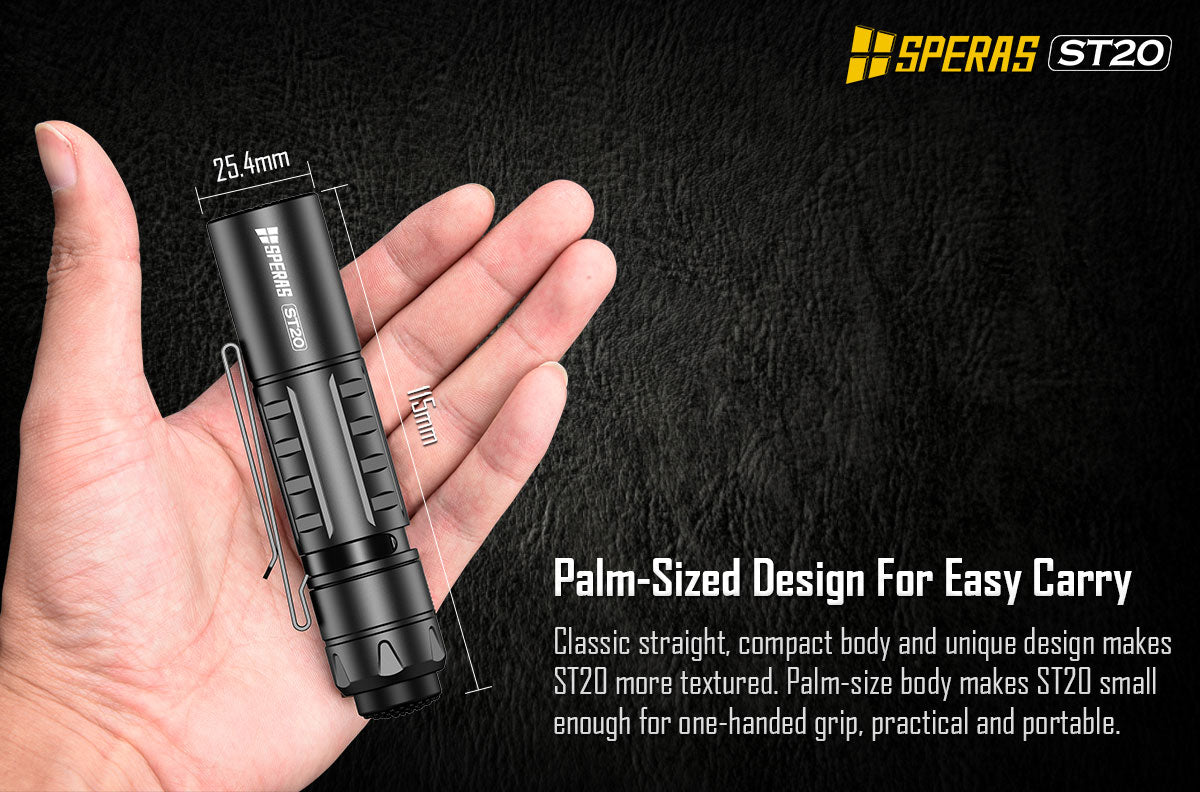 Concealable palm-sized design of SPERAS ST20 115mm tactical EDC flashlight