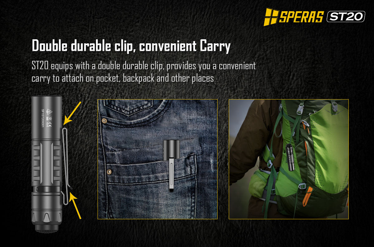 Double durable pocket clip of SPERAS ST20 tactical light for vest or backpack