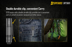 Double durable pocket clip of SPERAS ST20 tactical light for vest or backpack