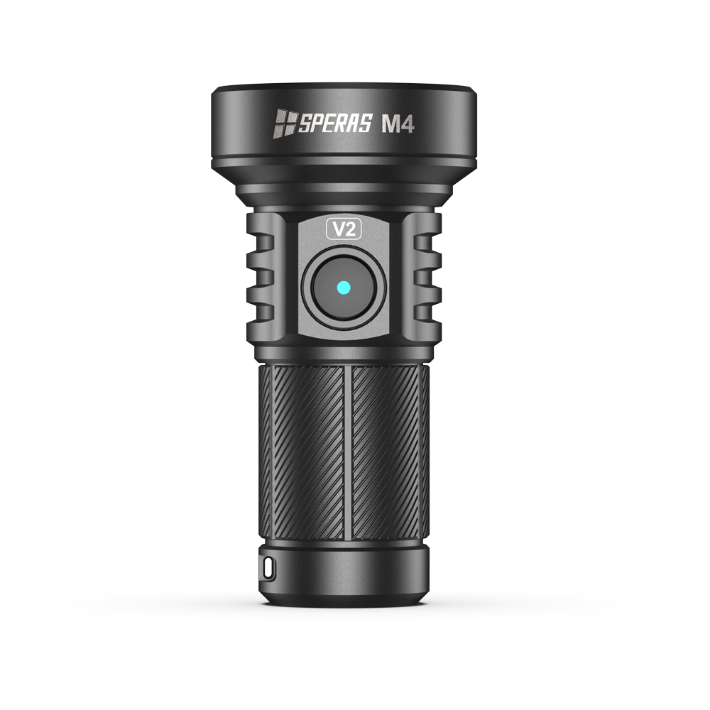 Black SPERAS M4 EDC flashlight front profile featuring the side switch with built-in electronic lockout