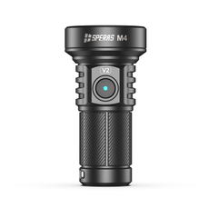 Black SPERAS M4 EDC flashlight front profile featuring the side switch with built-in electronic lockout