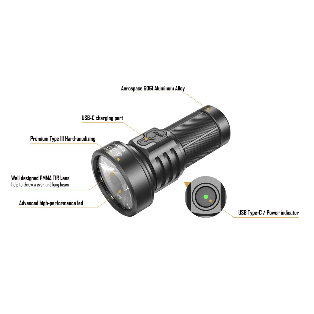SPERAS M4 flashlight technical diagram highlighting key features including the UI switch, LED, and charging interface