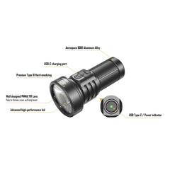 SPERAS M4 flashlight technical diagram highlighting key features including the UI switch, LED, and charging interface