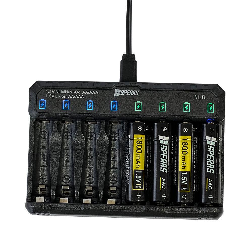 Top view of SPERAS NL8 smart charger plugged in via Type-C charging AA batteries