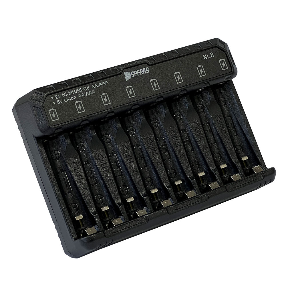 Empty 8 independent charging slots of the SPERAS NL8 AA AAA battery charger