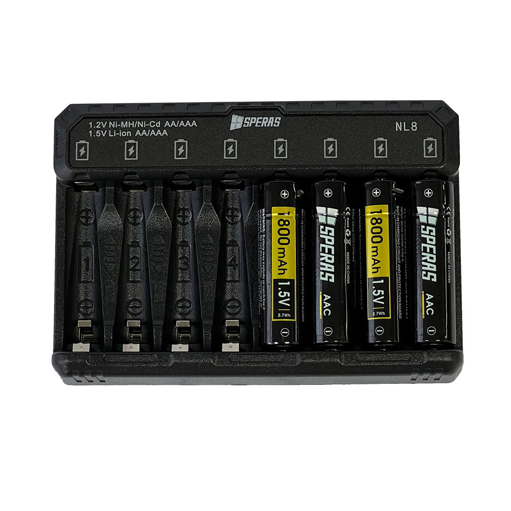 Compact design of the SPERAS NL8 8-channel battery charger loaded with rechargeable cells