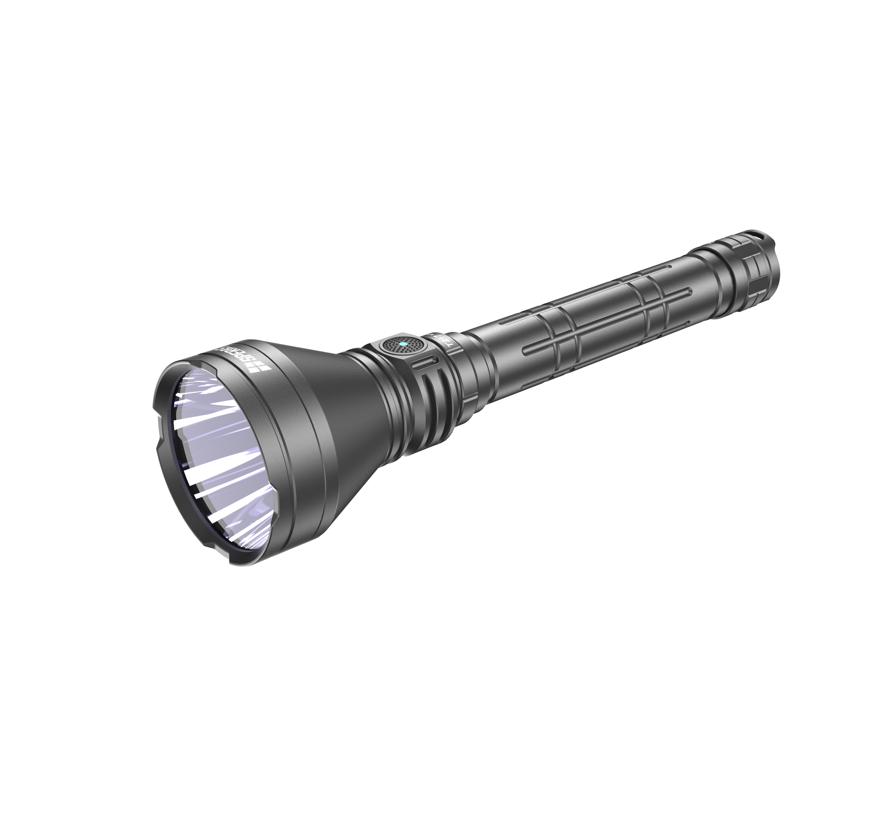 Close-up of the SPERAS T217 V3 flashlight head and reflector delivering a 1500-meter focused beam
