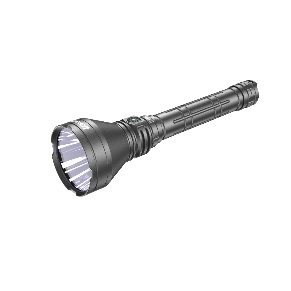 Close-up of the SPERAS T217 V3 flashlight head and reflector delivering a 1500-meter focused beam