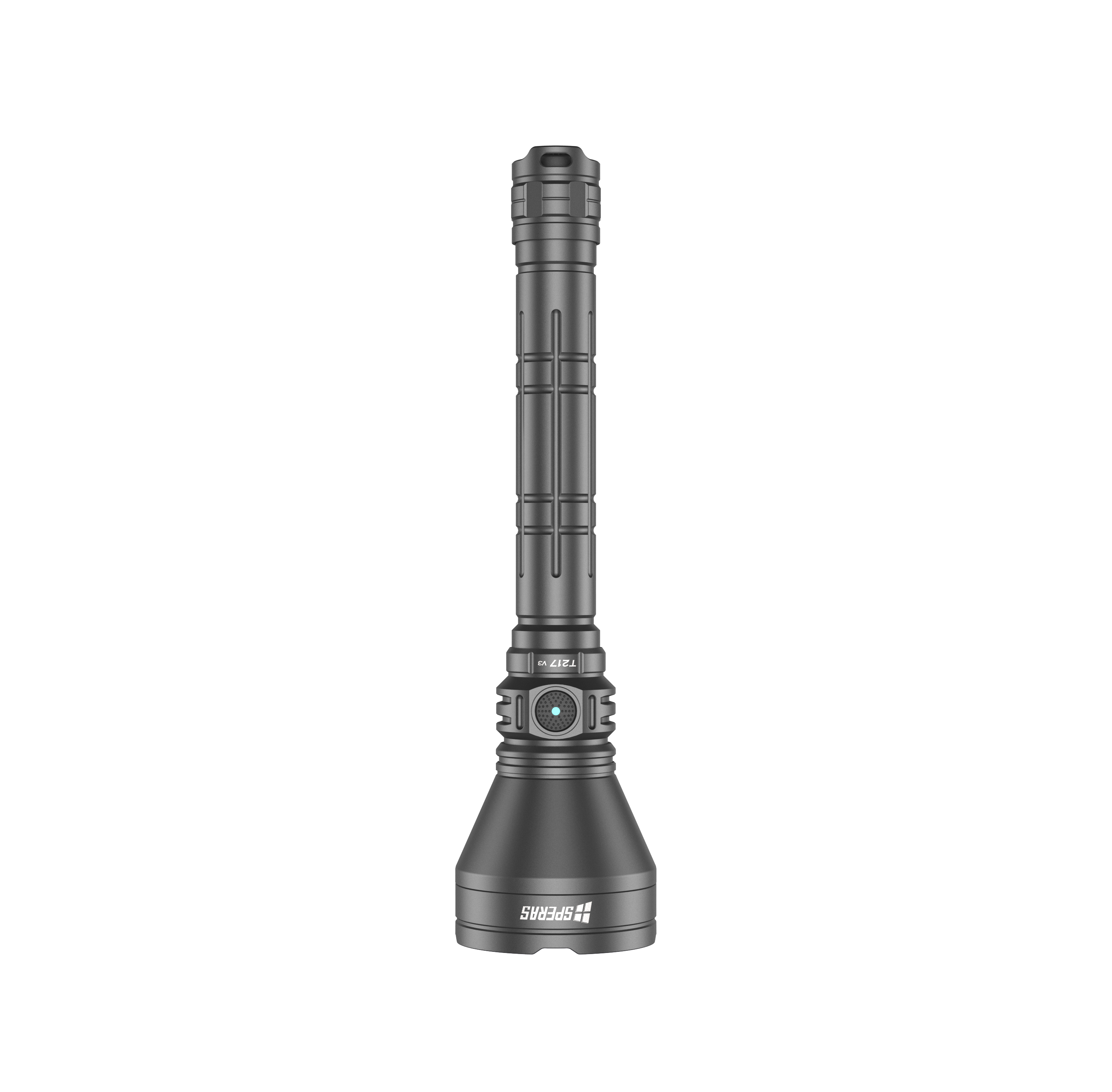 SPERAS T217 V3 high performance flashlight standing upright highlighting the tactical tail switch