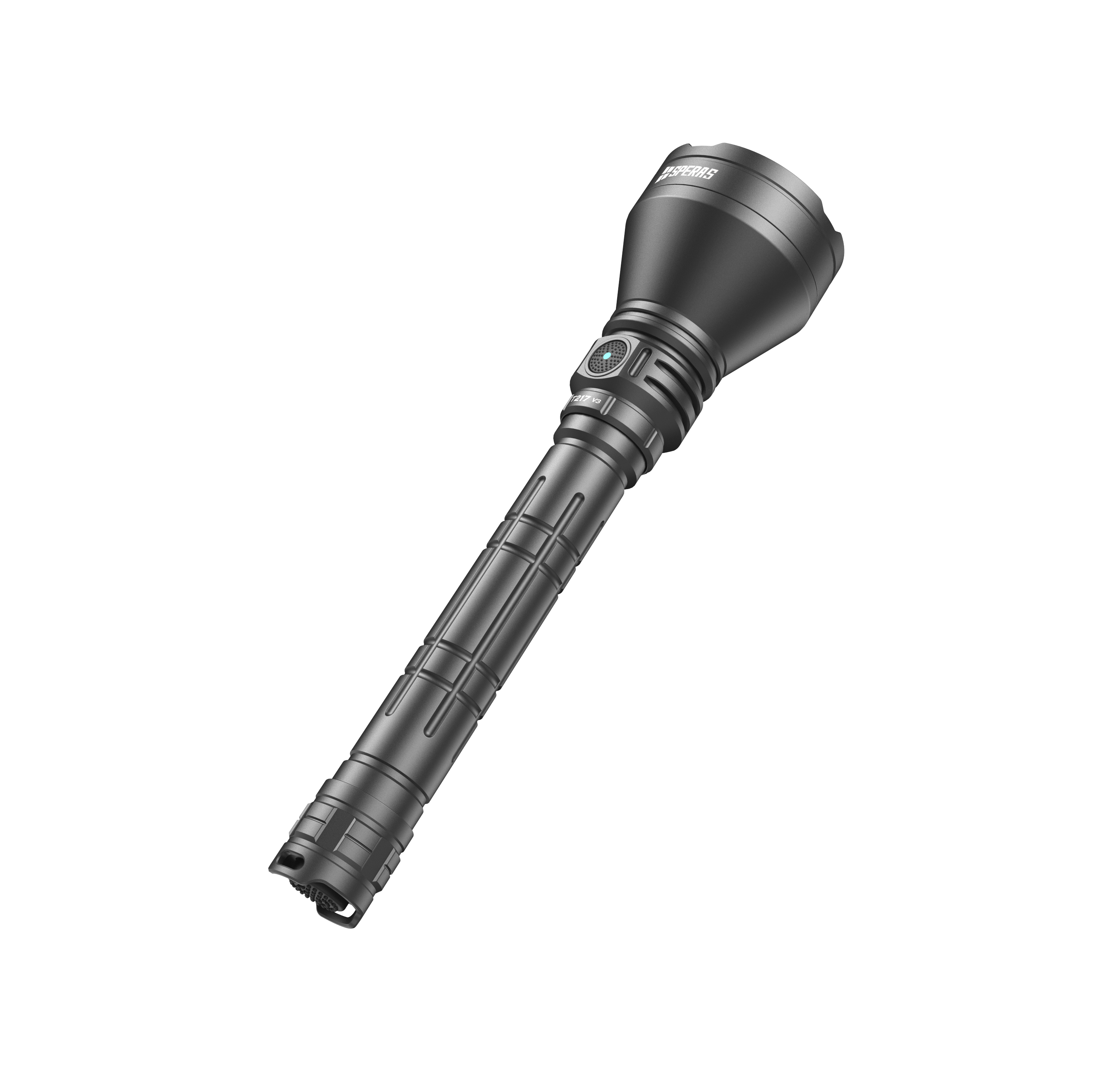 Angled view of the SPERAS T217 V3 outdoor flashlight showing the dual switch and 1-inch body tube