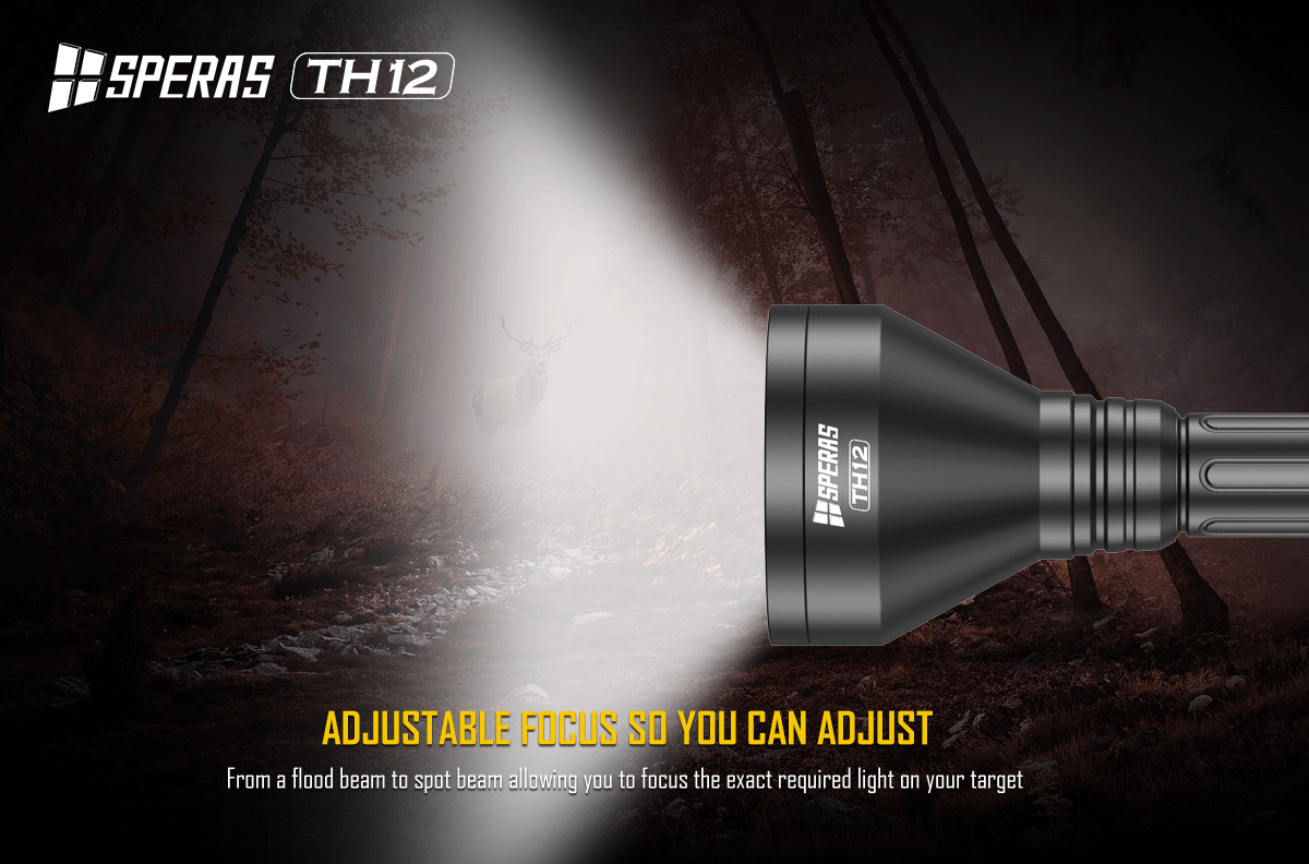 Smooth zoom adjustable focus mechanism transitioning from flood to spot beam on zoomable hunting flashlight
