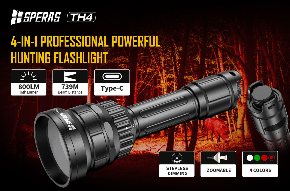 SPERAS TH4 compact 4-in-1 zoomable hunting flashlight for coyotes and wildlife