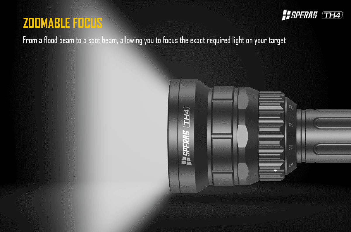SPERAS TH4 zoomable hunting flashlight flood to spot focus for predator tracking