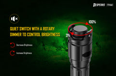 SPERAS TH4 compact hunting flashlight featuring a quiet rotary dimmer switch for stepless brightness control from 3% to 100%, designed for stealthy feral hog and predator tracking.