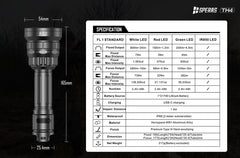 SPERAS TH4 compact 4-in-1 zoomable hunting flashlight technical specifications and dimensions chart