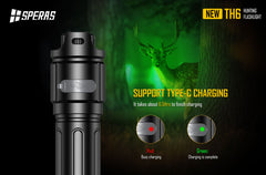 SPERAS TH6 hunting flashlight featuring a built-in Type-C charging port with red and green indicator lights, allowing for a complete charge in about 6.5 hours.