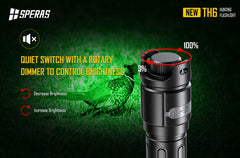 SPERAS TH6 hunting flashlight featuring a quiet switch and rotary dimmer for stealthy brightness control
