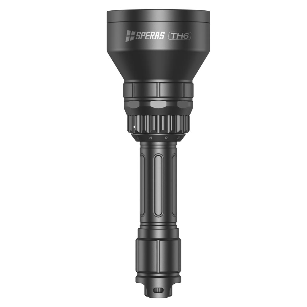 SPERAS TH6 tactical hunting torch showing the massive 66mm aspheric lens for 1173m beam throw