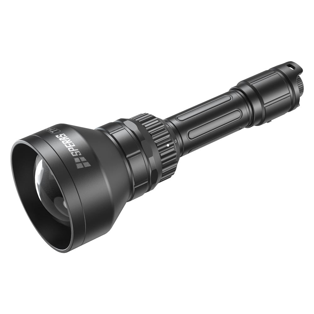 Side profile of the SPERAS TH6 tactical predator hunting flashlight with push-pull zoom focus system