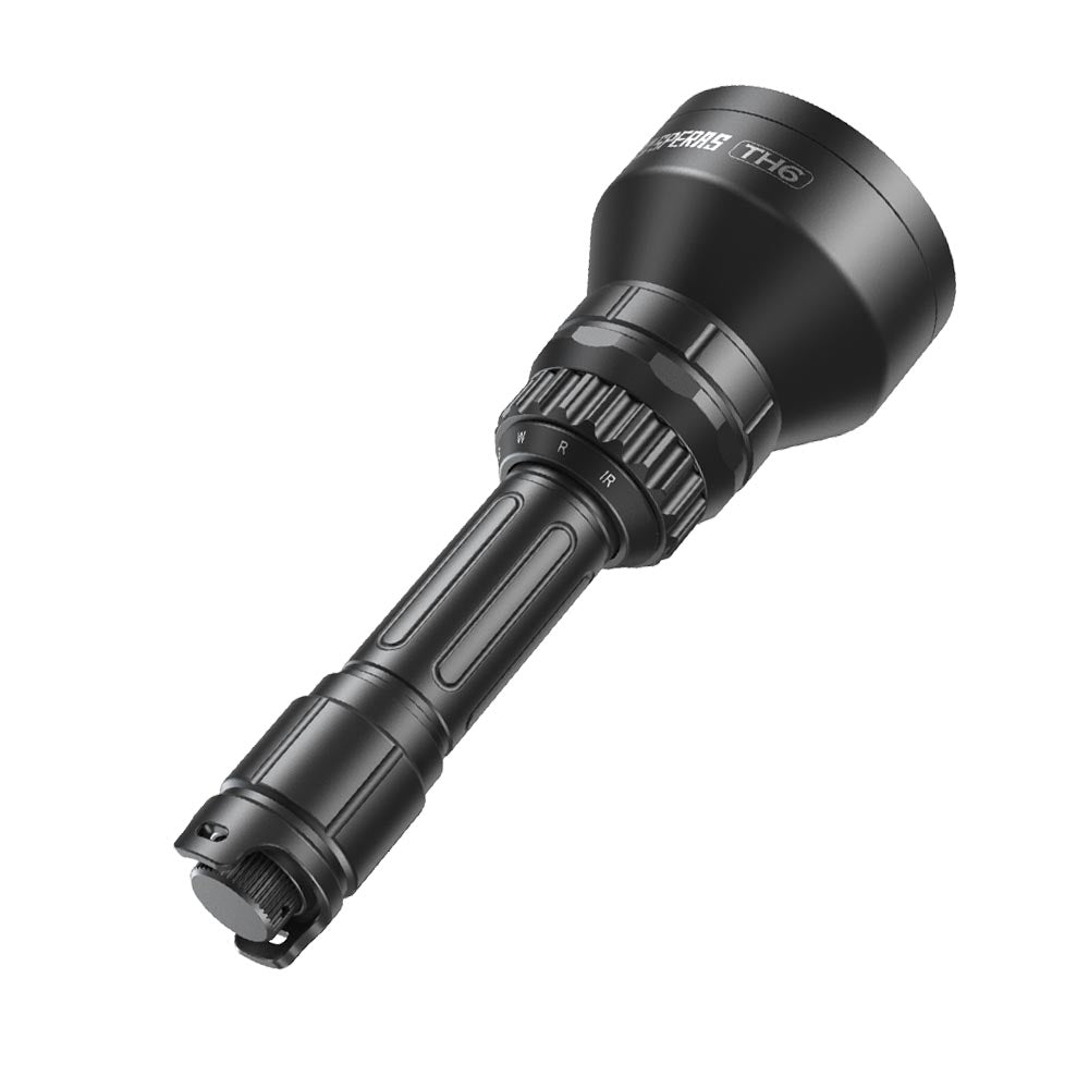 SPERAS TH6 Zoomable LED Hunting Flashlight featuring rotary switch for White, Red, Green, and IR850 lights