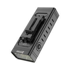 Black SPERAS U2 flat flashlight back view showing stainless steel pocket clip and cooling fins