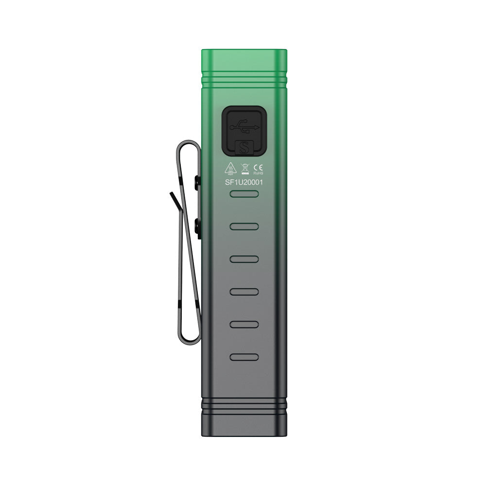 Side view of SPERAS U2 green light highlighting the sturdy clip for belt or pocket attachment