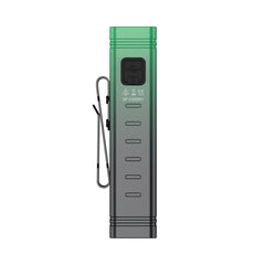 Side view of SPERAS U2 green light highlighting the sturdy clip for belt or pocket attachment