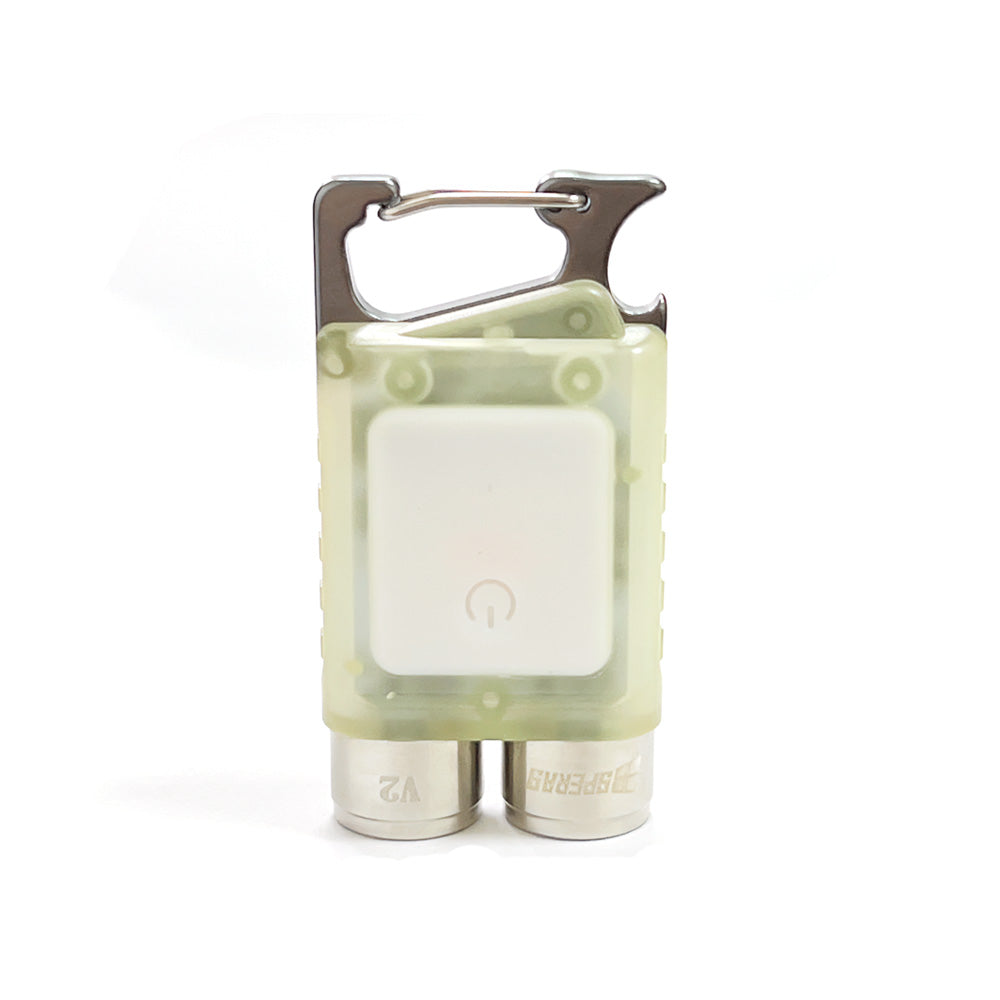 Front view of SPERAS V2 keychain flashlight with integrated beer bottle opener